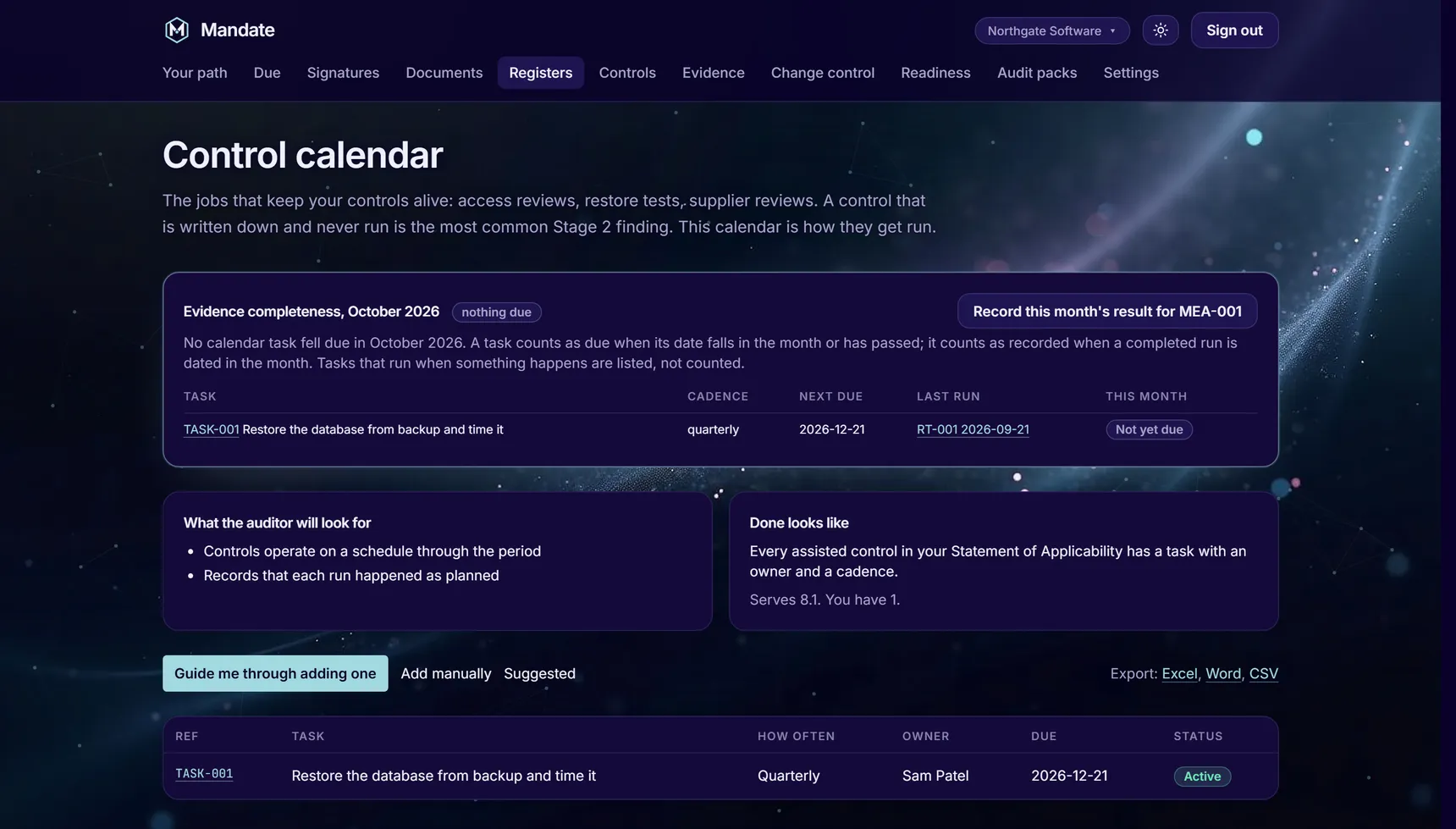 Mandate's control calendar, with the month's evidence completeness and each task's last recorded run.
