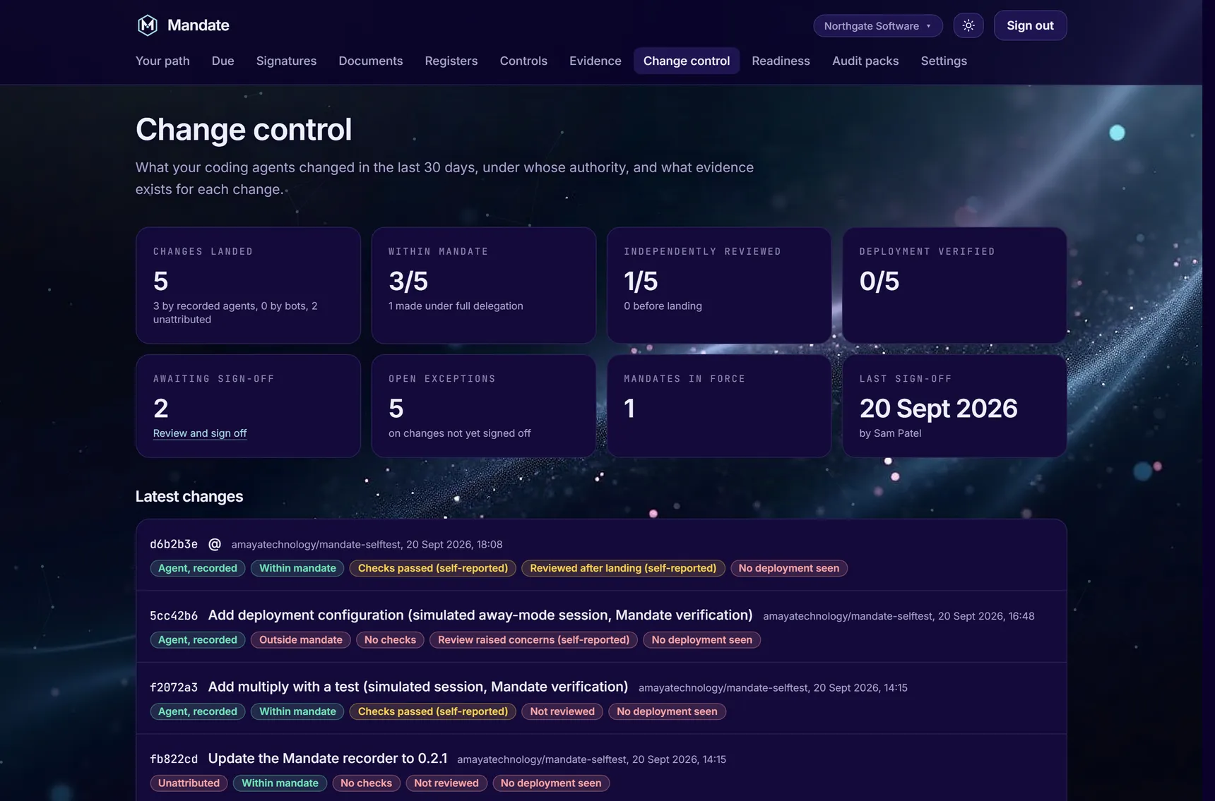 Mandate's change control page: changes landed, how many were within mandate, reviewed and deployed, and the latest changes with their labels.