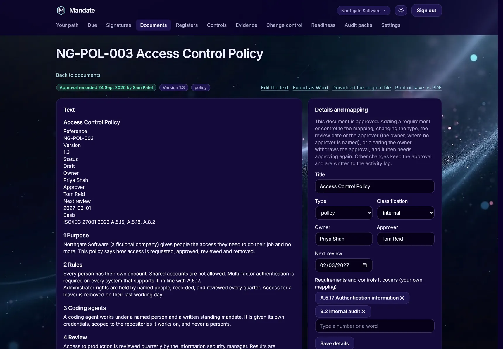An imported access control policy in Mandate, with its approval, version, owner, approver and the controls it covers.