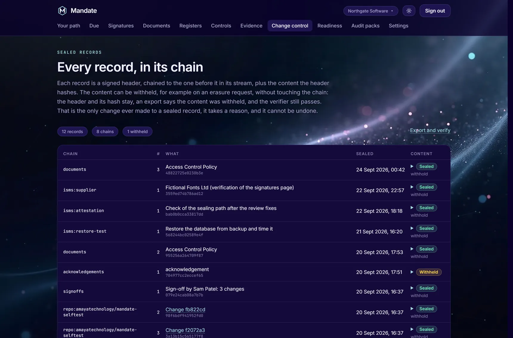 Mandate's sealed records: each record in its chain, when it was sealed, and whether its content is held or withheld.