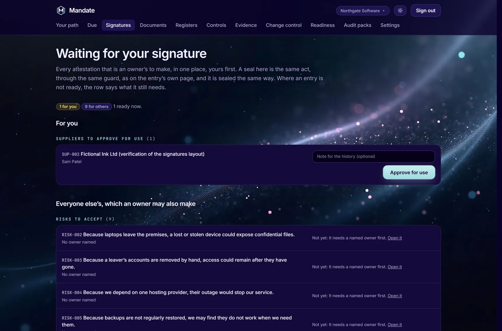 Mandate's signatures page: what is waiting for your signature first, then everyone else's, with what each entry still needs.
